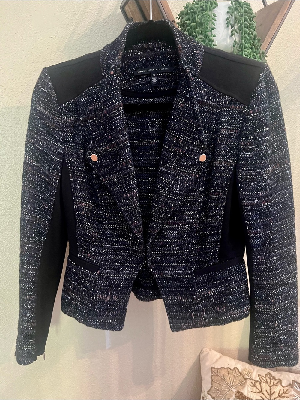 White House Black Market Navy Tweed Blazer with Black Panels